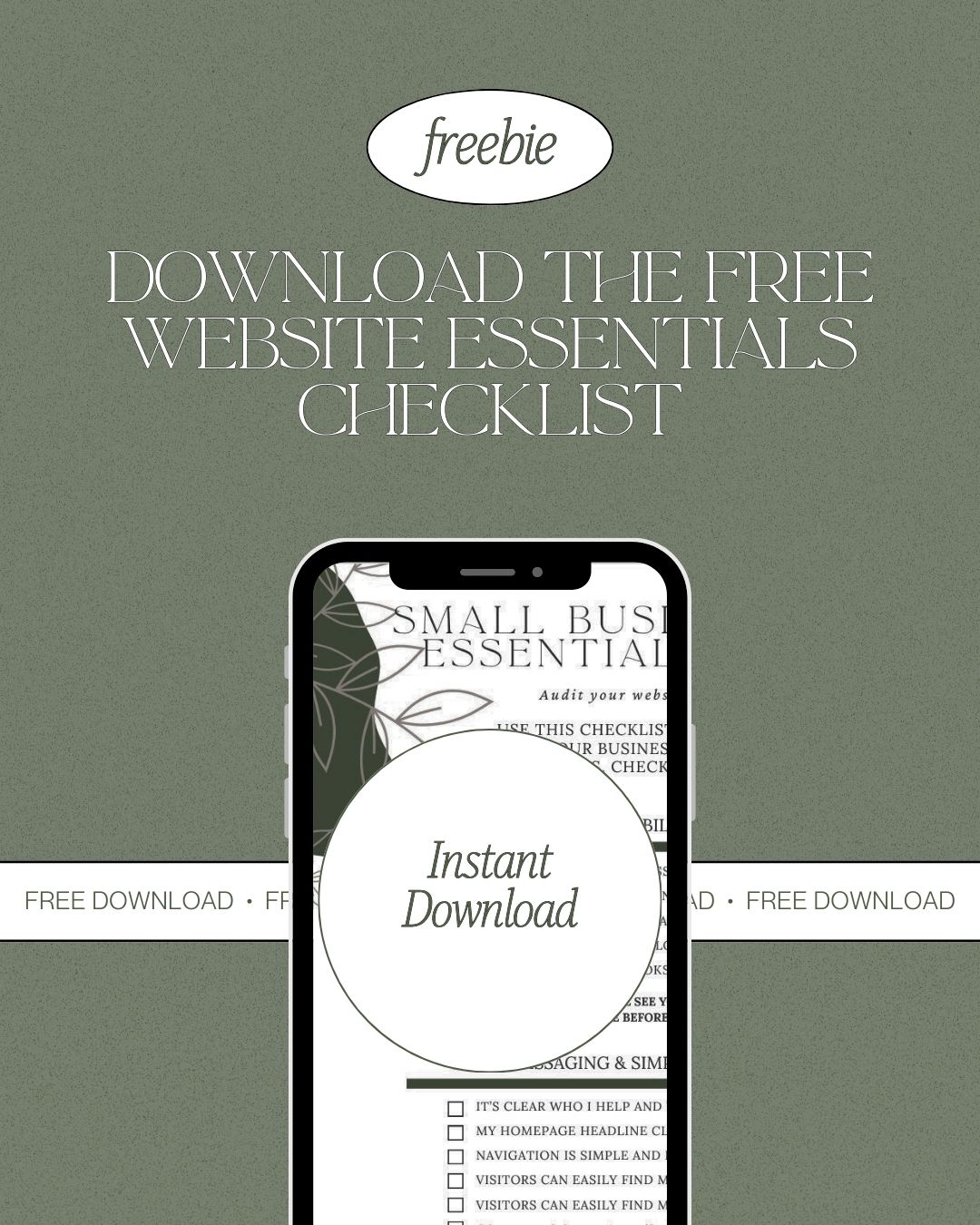 Checklist preview displayed on a mobile phone with an instant download button for small business website essentials